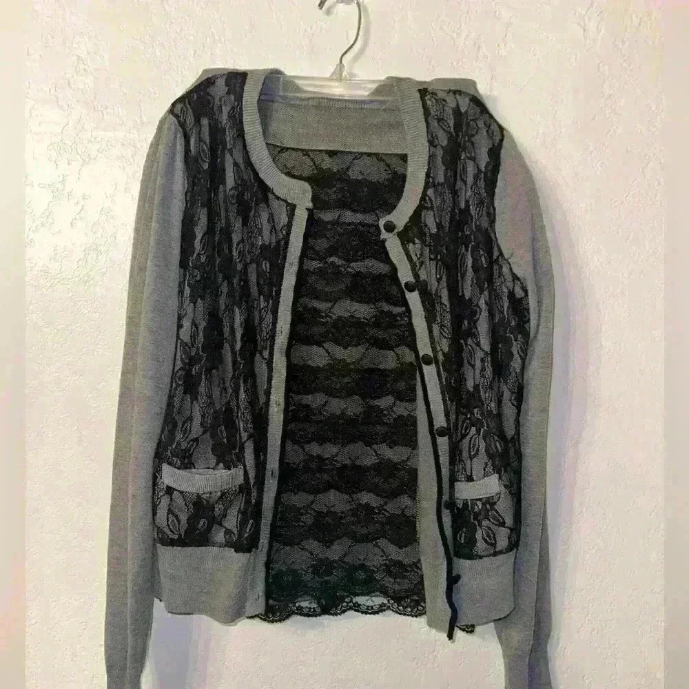 Sharagano Studio Cardigan & Skirt black and gray sz 10 Skirt Large Cardigan - Picture 2 of 12